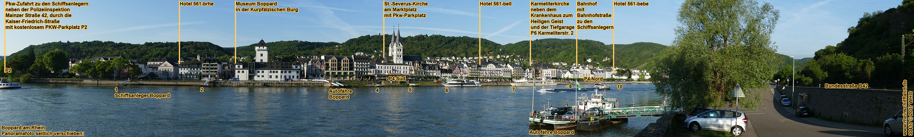 Boppard am Rhein. Panoramafoto mit Schiffsanlegern.